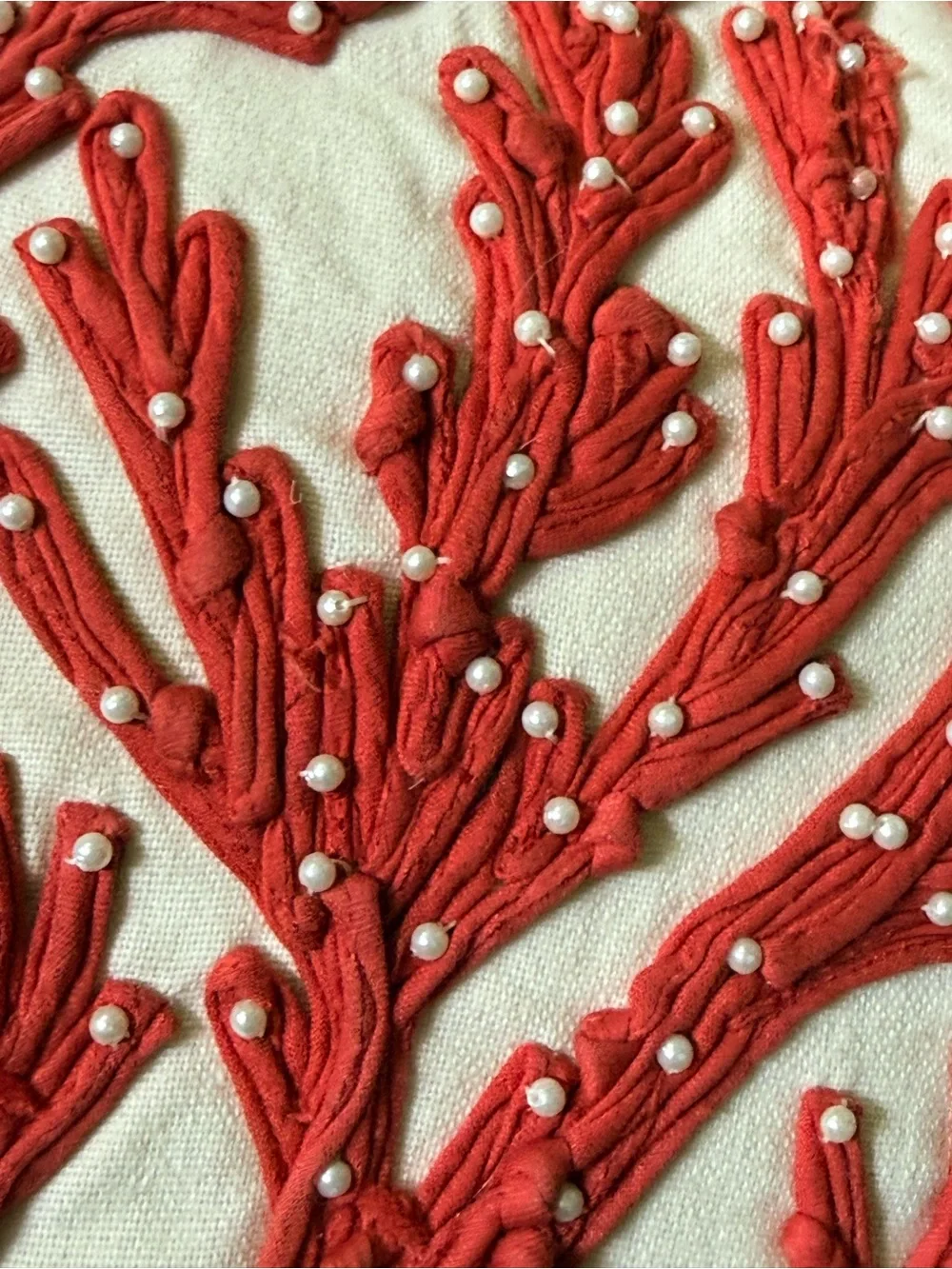 Pottery Barn Red Coral Embroidered Accent Pillow 12” square